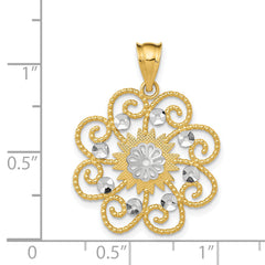 14K Gold and Rhodium Swirl Pendant with Diamond-Cut Detailing Elegant Round Design