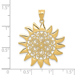 14K Gold Filigree Sun Pendant with Polished Finish Elegant and Detailed Design