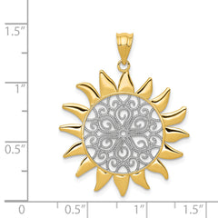 14K Gold Sun Filigree Pendant with Rhodium Accents Polished, Elegant Design