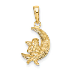 14K Gold and Rhodium Angel on Moon Pendant with Polished Finish