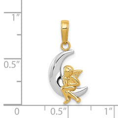 14K Gold and Rhodium Angel on Moon Pendant with Polished Finish