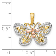14K Two-Tone Gold Butterfly Pendant with White Rhodium Diamond-Cut Design