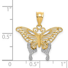 14K Gold and Rhodium Diamond-Cut Butterfly Pendant with Polished Finish