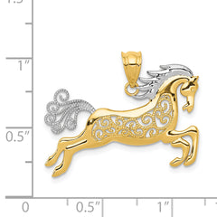 14K Gold and Rhodium Filigree Horse Pendant for Men Polished, Elegant Design