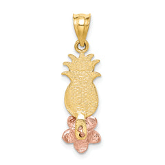 14K Two-Tone Gold Pineapple Pendant with Plumeria and Diamond-Cut Finish