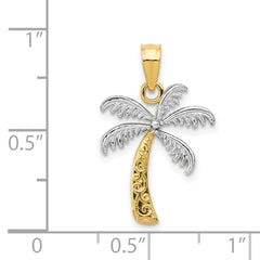 14K Gold Palm Tree Pendant with Rhodium Accents  Solid, Casted Design