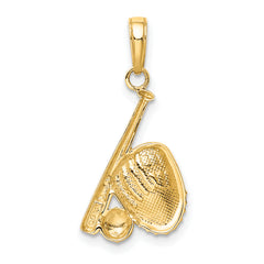 14K Gold Baseball Bat and Glove Pendant with Rhodium Accents Polished & Textured
