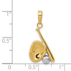 14K Gold Baseball Bat and Glove Pendant with Rhodium Accents Polished & Textured