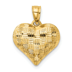 14K Gold Polished 3D Heart Pendant with Basket Weave Design