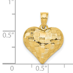 14K Gold Polished 3D Heart Pendant with Basket Weave Design