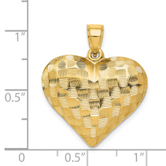 14K Gold Polished 3D Heart Pendant with Basket Weave Design