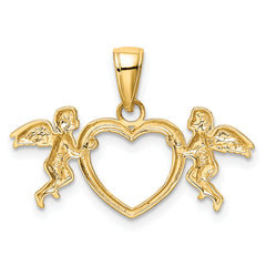 14K Gold Flying Cherubs Heart Pendant with Polished Finish