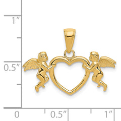 14K Gold Flying Cherubs Heart Pendant with Polished Finish