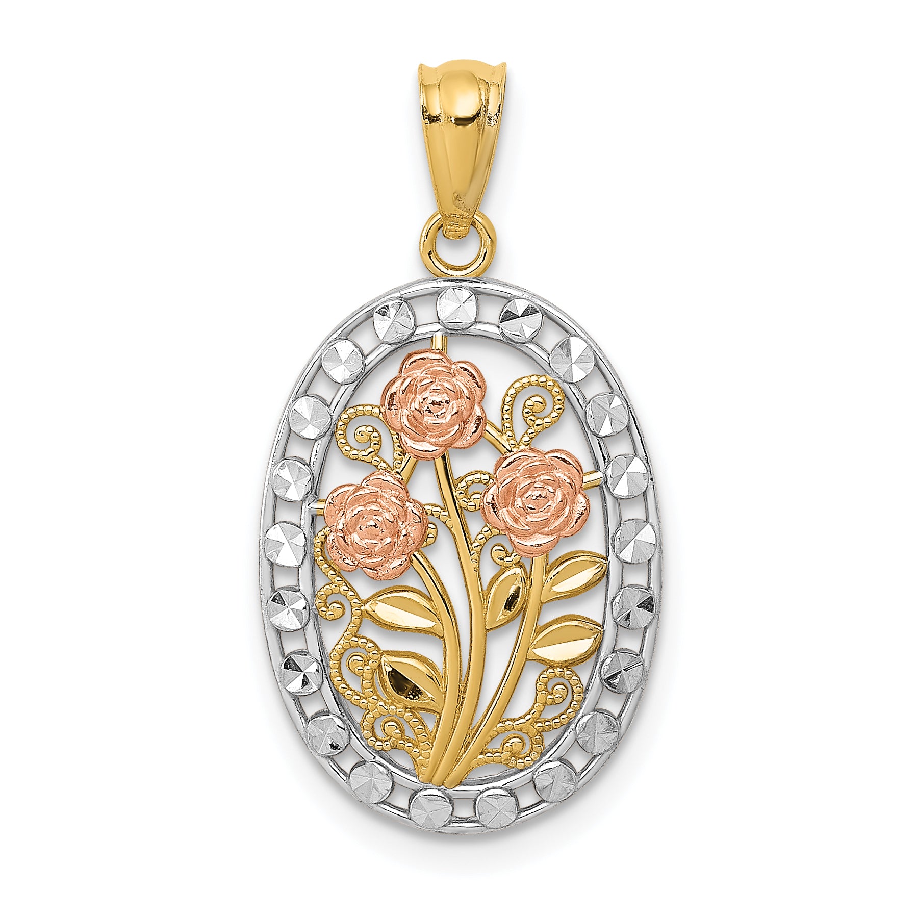 14k Yellow and Rose Gold w/White Rhodium Oval 3 Rose Pendant