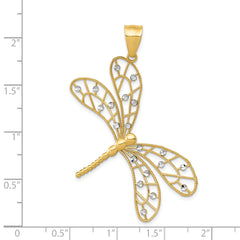 14K Gold and Rhodium Polished Dragonfly Pendant with Diamond-Cut Filigree