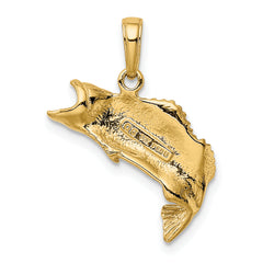 14K Gold Polished Textured Bass Fish Pendant for Men Solid Cast Design