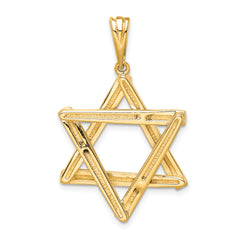 14K Gold Star of David Pendant Elegant Concave Design, 39mm Length