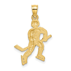14K Gold Satin Diamond-Cut Hockey Player Pendant Solid Brushed Finish