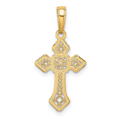 14K Gold Polished Cross Pendant with Lace Center Elegant & Solid Design