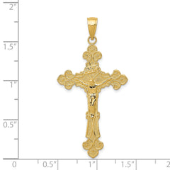 14K Gold INRI Crucifix Fleur de Lis Pendant with Polished Textured Finish 45mm