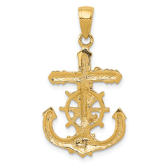 14K Gold Mariners Crucifix Pendant with Polished Textured Rope Wheel Design