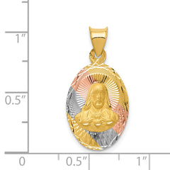 14K Gold Two-Tone Sagrado Corazon Oval Pendant with Rose and White Rhodium Detailing