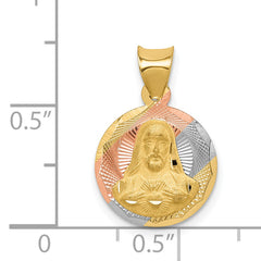 14K Gold Sagrado Corazon Pendant with Rose and White Rhodium Detailing