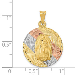 14K Gold Polished Diamond-Cut Lady of Guadalupe Pendant with Rhodium Accents