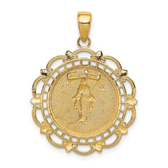 14K Gold Miraculous Medal Pendant with Polished Scallop Frame