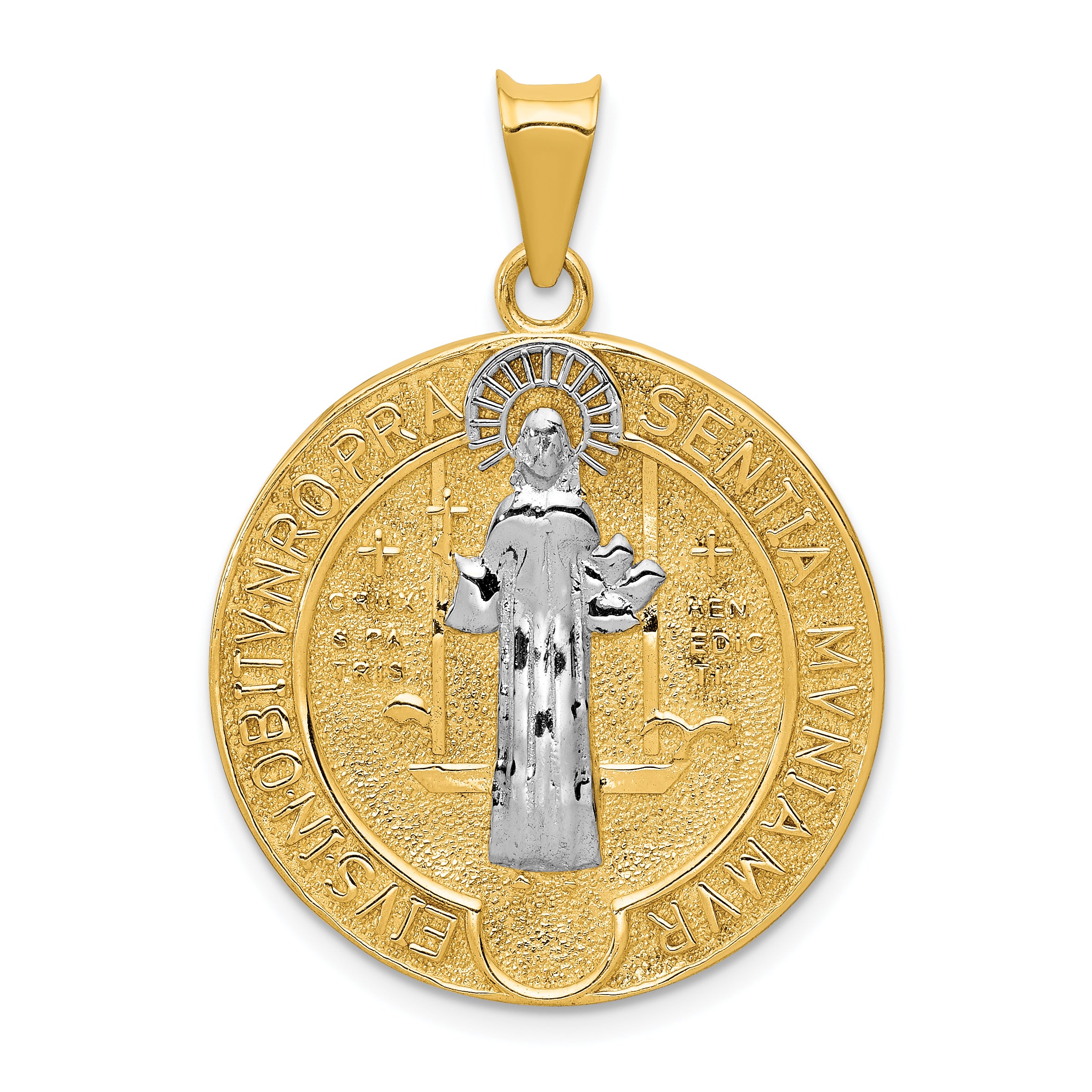 14k With Rhodium Circle St. Benedict Medal Pendant
