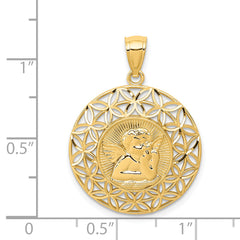 14K Gold Polished Angel Medal Pendant with Diamond-Cut Detailing 28mm