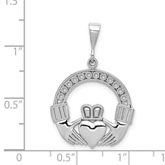 14K White Gold Claddagh Pendant with Polished Rhodium Finish 33mm