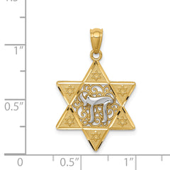 14K Two-Tone Gold Star of David with Chai Pendant Polished Finish
