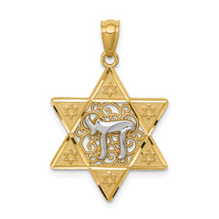 14k Two-tone Gold Polished Star of David w/Chai Pendant