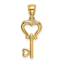 14K Gold Polished 3D Heart Key Pendant Elegant, Casted, Solid Design