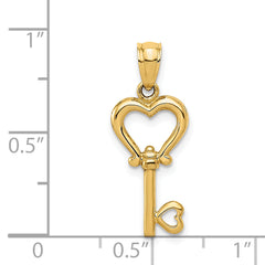 14K Gold Polished 3D Heart Key Pendant Elegant, Casted, Solid Design