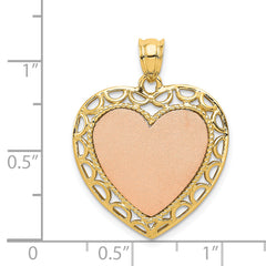 14K Two-Tone Gold Heart Pendant with Polished Lace Trim Elegant Design