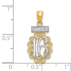 14K Gold and Rhodium Sweet 16 Filigree Pendant Polished, Elegant Design