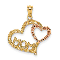 14K Two-Tone Gold Heart Pendant with Diamond-Cut MOM Design