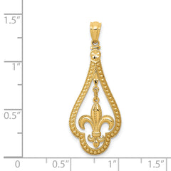 14K Gold Diamond-Cut Polished Fleur de Lis Dangle Pendant Elegant, Moveable Design