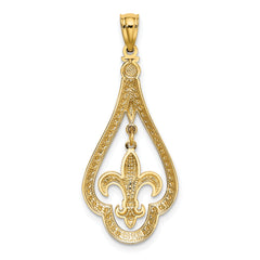 14K Gold Diamond-Cut Polished Fleur de Lis Dangle Pendant Elegant, Moveable Design