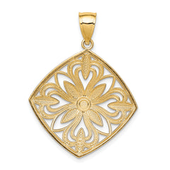 14K Gold Rhodium-Accented Fancy Square Charm with Diamond-Cut Design