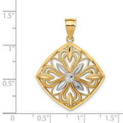 14K Gold Rhodium-Accented Fancy Square Charm with Diamond-Cut Design