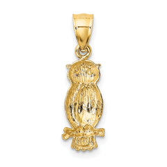 14K Gold Satin Diamond-Cut Owl Pendant Brushed Finish, Casted Solid