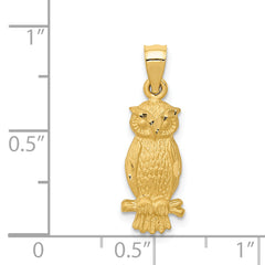 14K Gold Satin Diamond-Cut Owl Pendant Brushed Finish, Casted Solid