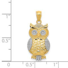 14K Gold Rhodium Accented Owl Pendant with Polished Textured Finish Men's