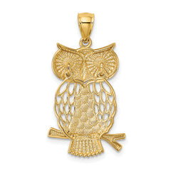 14K Gold Rhodium Diamond-Cut Moveable Owl Pendant Polished Finish