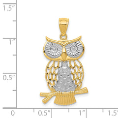 14K Gold Rhodium Diamond-Cut Moveable Owl Pendant Polished Finish
