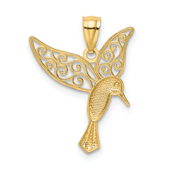 14K Gold & Rhodium Hummingbird Filigree Pendant Polished, Elegant Design
