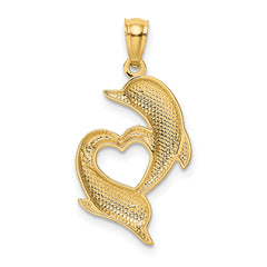 14K Gold Diamond-Cut Dolphins Heart Pendant with Satin and Polished Finish